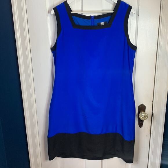 Saks 5th Avenue Blue Colorblock 100% Silk Shift MIDI Sleeveless Dress W-674 Sz L - Picture 1 of 8